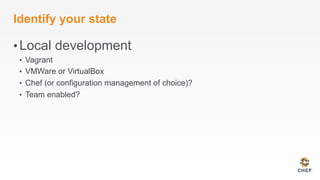 Identify your state
• Local development
•  Vagrant
•  VMWare or VirtualBox
•  Chef (or configuration management of choice)?
•  Team enabled?
 