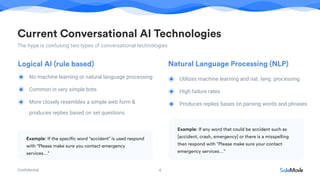 Conﬁdential 4
Current Conversational AI Technologies
The hype is confusing two types of conversational technologies
No machine learning or natural language processing
Common in very simple bots
More closely resembles a simple web form &
produces replies based on set questions
Logical AI (rule based)
Utilizes machine learning and nat. lang. processing
High failure rates
Produces replies bases on parsing words and phrases
Natural Language Processing (NLP)
Example: If the specific word “accident” is used respond
with “Please make sure you contact emergency
services…”
Example: If any word that could be accident such as
[accident, crash, emergency] or there is a misspelling
than respond with “Please make sure your contact
emergency services…”
 