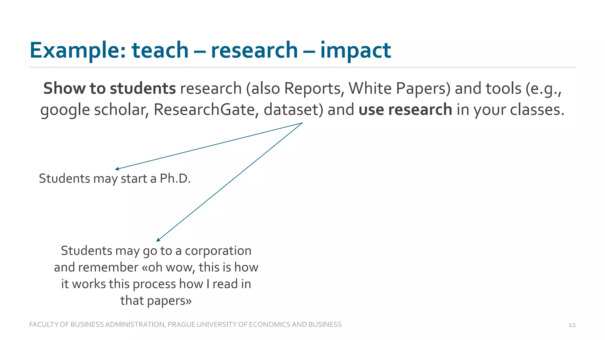 Example: teach – research – impact
Show to students research (also Reports, White Papers) and tools (e.g.,
google scholar, ResearchGate, dataset) and use research in your classes.
FACULTYOF BUSINESS ADMINISTRATION, PRAGUE UNIVERSITYOF ECONOMICS AND BUSINESS 12
Students may start a Ph.D.
Students may go to a corporation
and remember «oh wow, this is how
it works this process how I read in
that papers»
 