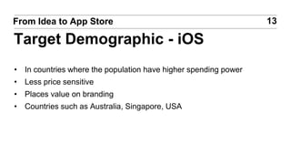 • In countries where the population have higher spending power
• Less price sensitive
• Places value on branding
• Countries such as Australia, Singapore, USA
13From Idea to App Store
Target Demographic - iOS
 