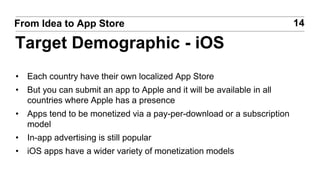 • Each country have their own localized App Store
• But you can submit an app to Apple and it will be available in all
countries where Apple has a presence
• Apps tend to be monetized via a pay-per-download or a subscription
model
• In-app advertising is still popular
• iOS apps have a wider variety of monetization models
14From Idea to App Store
Target Demographic - iOS
 