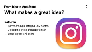 Instagram
• Solves the pain of taking ugly photos
• Upload the photo and apply a filter
• Snap, upload and share
7From Idea to App Store
What makes a great idea?
 