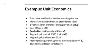 Example: Unit Economics
● Functional and fashionable business bags for her
● Manufacturer and wholesale preorder for retail
● 1 year research of market and supply chain setup
● Cost of Sales: €60
● Production cost target multiple: x5
● Avg. unit price retail: €300 (incl. VAT)
● Avg. unit price wholesale: €126
● Preorder risk: pay 50% upfront, 4 months delivery, 30
days payment target for retailers
 
