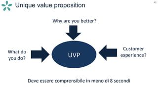 40
Unique value proposition
40
UVP
What do
you do?
Why are you better?
Customer
experience?
Deve essere comprensibile in meno di 8 secondi
 