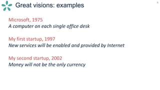 6
Great visions: examples
6
Microsoft, 1975
A computer on each single office desk
My first startup, 1997
New services will be enabled and provided by Internet
My second startup, 2002
Money will not be the only currency
 