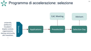 88
Programma di accelerazione: selezione
Preselection
Advisors
Applications Selection Day
Call, MeetingSources
università,
politecnici,
incubatori,
bizplan contest,
organizzazioni,
startup community,
altri investitori,
…
 