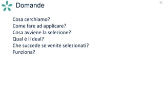 93
Domande
Cosa cerchiamo?
Come fare ad applicare?
Cosa avviene la selezione?
Qual è il deal?
Che succede se venite selezionati?
Funziona?
 