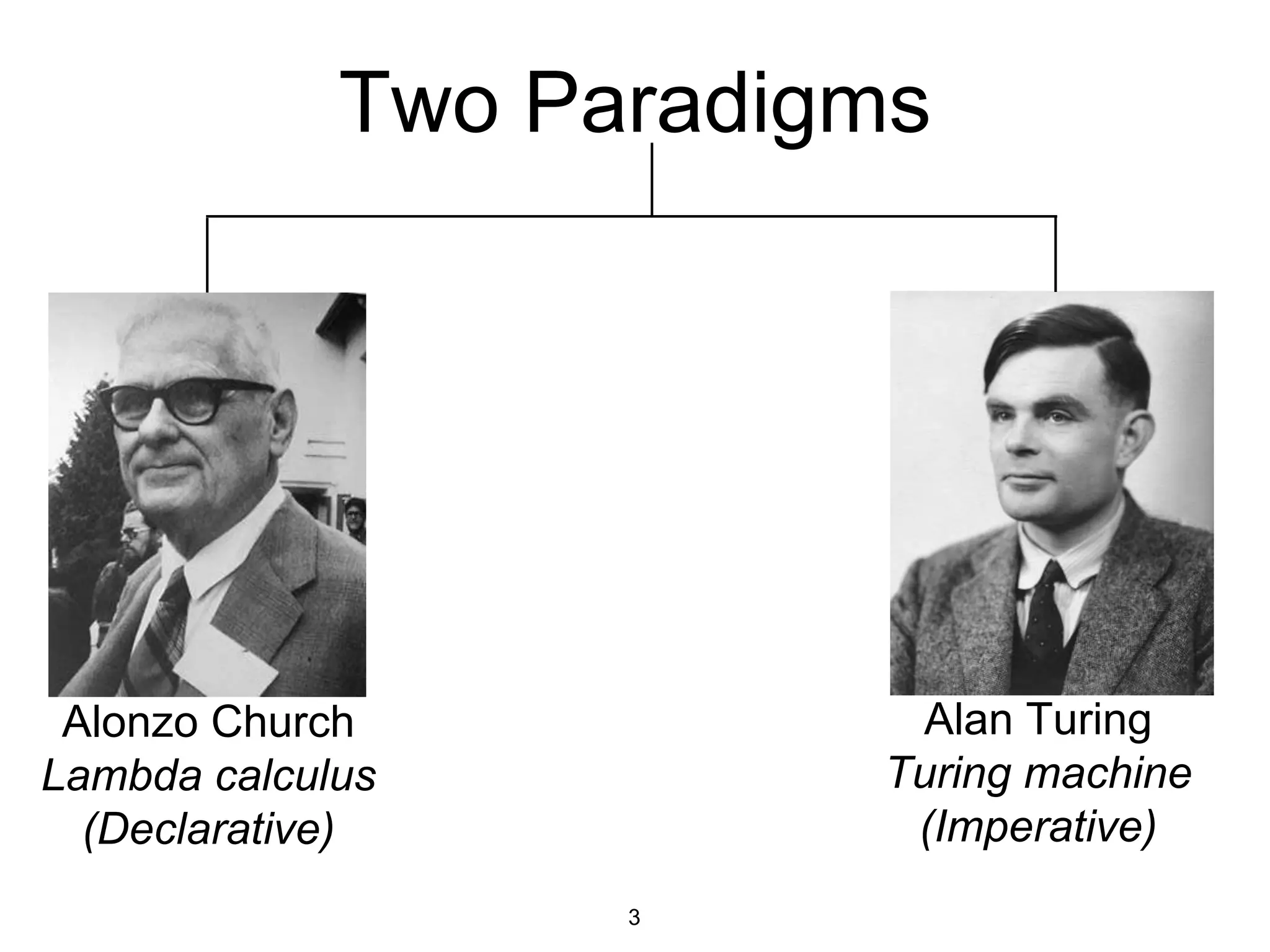 Two Paradigms
Alonzo Church
Lambda calculus
(Declarative)
Alan Turing
Turing machine
(Imperative)
3
 
