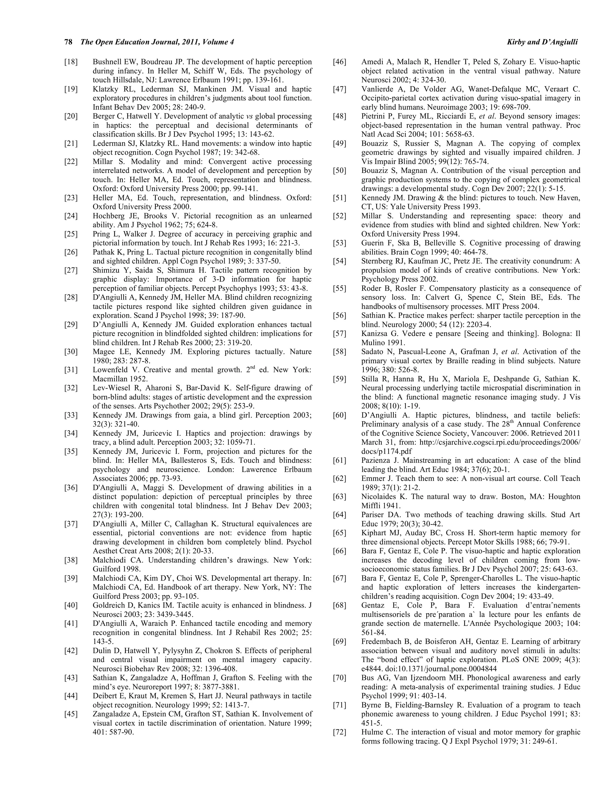 78 The Open Education Journal, 2011, Volume 4 Kirby and D’Angiulli
[18] Bushnell EW, Boudreau JP. The development of haptic perception
during infancy. In Heller M, Schiff W, Eds. The psychology of
touch Hillsdale, NJ: Lawrence Erlbaum 1991; pp. 139-161.
[19] Klatzky RL, Lederman SJ, Mankinen JM. Visual and haptic
exploratory procedures in children’s judgments about tool function.
Infant Behav Dev 2005; 28: 240-9.
[20] Berger C, Hatwell Y. Development of analytic vs global processing
in haptics: the perceptual and decisional determinants of
classification skills. Br J Dev Psychol 1995; 13: 143-62.
[21] Lederman SJ, Klatzky RL. Hand movements: a window into haptic
object recognition. Cogn Psychol 1987; 19: 342-68.
[22] Millar S. Modality and mind: Convergent active processing
interrelated networks. A model of development and perception by
touch. In: Heller MA, Ed. Touch, representation and blindness.
Oxford: Oxford University Press 2000; pp. 99-141.
[23] Heller MA, Ed. Touch, representation, and blindness. Oxford:
Oxford University Press 2000.
[24] Hochberg JE, Brooks V. Pictorial recognition as an unlearned
ability. Am J Psychol 1962; 75; 624-8.
[25] Pring L, Walker J. Degree of accuracy in perceiving graphic and
pictorial information by touch. Int J Rehab Res 1993; 16: 221-3.
[26] Pathak K, Pring L. Tactual picture recognition in congenitally blind
and sighted children. Appl Cogn Psychol 1989; 3: 337-50.
[27] Shimizu Y, Saida S, Shimura H. Tactile pattern recognition by
graphic display: Importance of 3-D information for haptic
perception of familiar objects. Percept Psychophys 1993; 53: 43-8.
[28] D'Angiulli A, Kennedy JM, Heller MA. Blind children recognizing
tactile pictures respond like sighted children given guidance in
exploration. Scand J Psychol 1998; 39: 187-90.
[29] D’Angiulli A, Kennedy JM. Guided exploration enhances tactual
picture recognition in blindfolded sighted children: implications for
blind children. Int J Rehab Res 2000; 23: 319-20.
[30] Magee LE, Kennedy JM. Exploring pictures tactually. Nature
1980; 283: 287-8.
[31] Lowenfeld V. Creative and mental growth. 2nd
ed. New York:
Macmillan 1952.
[32] Lev-Wiesel R, Aharoni S, Bar-David K. Self-figure drawing of
born-blind adults: stages of artistic development and the expression
of the senses. Arts Psychother 2002; 29(5): 253-9.
[33] Kennedy JM. Drawings from gaia, a blind girl. Perception 2003;
32(3): 321-40.
[34] Kennedy JM, Juricevic I. Haptics and projection: drawings by
tracy, a blind adult. Perception 2003; 32: 1059-71.
[35] Kennedy JM, Juricevic I. Form, projection and pictures for the
blind. In: Heller MA, Ballesteros S, Eds. Touch and blindness:
psychology and neuroscience. London: Lawerence Erlbaum
Associates 2006; pp. 73-93.
[36] D'Angiulli A, Maggi S. Development of drawing abilities in a
distinct population: depiction of perceptual principles by three
children with congenital total blindness. Int J Behav Dev 2003;
27(3): 193-200.
[37] D'Angiulli A, Miller C, Callaghan K. Structural equivalences are
essential, pictorial conventions are not: evidence from haptic
drawing development in children born completely blind. Psychol
Aesthet Creat Arts 2008; 2(1): 20-33.
[38] Malchiodi CA. Understanding children’s drawings. New York:
Guilford 1998.
[39] Malchiodi CA, Kim DY, Choi WS. Developmental art therapy. In:
Malchiodi CA, Ed. Handbook of art therapy. New York, NY: The
Guilford Press 2003; pp. 93-105.
[40] Goldreich D, Kanics IM. Tactile acuity is enhanced in blindness. J
Neurosci 2003; 23: 3439-3445.
[41] D'Angiulli A, Waraich P. Enhanced tactile encoding and memory
recognition in congenital blindness. Int J Rehabil Res 2002; 25:
143-5.
[42] Dulin D, Hatwell Y, Pylysyhn Z, Chokron S. Effects of peripheral
and central visual impairment on mental imagery capacity.
Neurosci Biobehav Rev 2008; 32: 1396-408.
[43] Sathian K, Zangaladze A, Hoffman J, Grafton S. Feeling with the
mind’s eye. Neuroreport 1997; 8: 3877-3881.
[44] Deibert E, Kraut M, Kremen S, Hart JJ. Neural pathways in tactile
object recognition. Neurology 1999; 52: 1413-7.
[45] Zangaladze A, Epstein CM, Grafton ST, Sathian K. Involvement of
visual cortex in tactile discrimination of orientation. Nature 1999;
401: 587-90.
[46] Amedi A, Malach R, Hendler T, Peled S, Zohary E. Visuo-haptic
object related activation in the ventral visual pathway. Nature
Neurosci 2002; 4: 324-30.
[47] Vanlierde A, De Volder AG, Wanet-Defalque MC, Veraart C.
Occipito-parietal cortex activation during visuo-spatial imagery in
early blind humans. Neuroimage 2003; 19: 698-709.
[48] Pietrini P, Furey ML, Ricciardi E, et al. Beyond sensory images:
object-based representation in the human ventral pathway. Proc
Natl Acad Sci 2004; 101: 5658-63.
[49] Bouaziz S, Russier S, Magnan A. The copying of complex
geometric drawings by sighted and visually impaired children. J
Vis Impair Blind 2005; 99(12): 765-74.
[50] Bouaziz S, Magnan A. Contribution of the visual perception and
graphic production systems to the copying of complex geometrical
drawings: a developmental study. Cogn Dev 2007; 22(1): 5-15.
[51] Kennedy JM. Drawing & the blind: pictures to touch. New Haven,
CT, US: Yale University Press 1993.
[52] Millar S. Understanding and representing space: theory and
evidence from studies with blind and sighted children. New York:
Oxford University Press 1994.
[53] Guerin F, Ska B, Belleville S. Cognitive processing of drawing
abilities. Brain Cogn 1999; 40: 464-78.
[54] Sternberg RJ, Kaufman JC, Pretz JE. The creativity conundrum: A
propulsion model of kinds of creative contributions. New York:
Psychology Press 2002.
[55] Roder B, Rosler F. Compensatory plasticity as a consequence of
sensory loss. In: Calvert G, Spence C, Stein BE, Eds. The
handbooks of multisensory processes. MIT Press 2004.
[56] Sathian K. Practice makes perfect: sharper tactile perception in the
blind. Neurology 2000; 54 (12): 2203-4.
[57] Kanizsa G. Vedere e pensare [Seeing and thinking]. Bologna: Il
Mulino 1991.
[58] Sadato N, Pascual-Leone A, Grafman J, et al. Activation of the
primary visual cortex by Braille reading in blind subjects. Nature
1996; 380: 526-8.
[59] Stilla R, Hanna R, Hu X, Mariola E, Deshpande G, Sathian K.
Neural processing underlying tactile microspatial discrimination in
the blind: A functional magnetic resonance imaging study. J Vis
2008; 8(10): 1-19.
[60] D’Angiulli A. Haptic pictures, blindness, and tactile beliefs:
Preliminary analysis of a case study. The 28th
Annual Conference
of the Cognitive Science Society, Vancouver: 2006. Retrieved 2011
March 31, from: http://csjarchive.cogsci.rpi.edu/proceedings/2006/
docs/p1174.pdf
[61] Pazienza J. Mainstreaming in art education: A case of the blind
leading the blind. Art Educ 1984; 37(6); 20-1.
[62] Emmer J. Teach them to see: A non-visual art course. Coll Teach
1989; 37(1): 21-2.
[63] Nicolaides K. The natural way to draw. Boston, MA: Houghton
Miffli 1941.
[64] Pariser DA. Two methods of teaching drawing skills. Stud Art
Educ 1979; 20(3); 30-42.
[65] Kiphart MJ, Auday BC, Cross H. Short-term haptic memory for
three dimensional objects. Percept Motor Skills 1988; 66; 79-91.
[66] Bara F, Gentaz E, Cole P. The visuo-haptic and haptic exploration
increases the decoding level of children coming from low-
socioeconomic status families. Br J Dev Psychol 2007; 25: 643-63.
[67] Bara F, Gentaz E, Cole P, Sprenger-Charolles L. The visuo-haptic
and haptic exploration of letters increases the kindergarten-
children’s reading acquisition. Cogn Dev 2004; 19: 433-49.
[68] Gentaz E, Cole P, Bara F. Evaluation d’entraıˆnements
multisensoriels de pre´paration a` la lecture pour les enfants de
grande section de maternelle. L'Année Psychologique 2003; 104:
561-84.
[69] Fredembach B, de Boisferon AH, Gentaz E. Learning of arbitrary
association between visual and auditory novel stimuli in adults:
The “bond effect” of haptic exploration. PLoS ONE 2009; 4(3):
e4844. doi:10.1371/journal.pone.0004844
[70] Bus AG, Van Ijzendoorn MH. Phonological awareness and early
reading: A meta-analysis of experimental training studies. J Educ
Psychol 1999; 91: 403-14.
[71] Byrne B, Fielding-Barnsley R. Evaluation of a program to teach
phonemic awareness to young children. J Educ Psychol 1991; 83:
451-5.
[72] Hulme C. The interaction of visual and motor memory for graphic
forms following tracing. Q J Expl Psychol 1979; 31: 249-61.
 