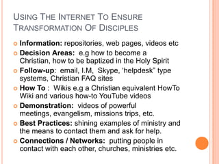 The Prophets….ProclamationIllustration – object lessons, metaphorsApplication – to the situation at handDemonstration – of God’s power in signs, wonders and miracles, opens the eyes of some…Much more effective, some repented and others got really angry….How can we “hit home” with online ministry?How can we touch the “hot button issues” in that culture, time and place?How can we truly be God’s voice?