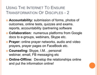 Jesus ChristProclamation of the WordHealing, exorcism, personal ministry that directly changed individual livesRaised up disciples, personal impartationChallenged the prevailing worldviewsIncredible personal purity and sacrificeEnormous presence of the Holy Spirit in powerThe multitudes, the 120, the 70, the 12, the threeInternet can reach the multitudes easilyHow can we create the 120, 70, 12 and the three?