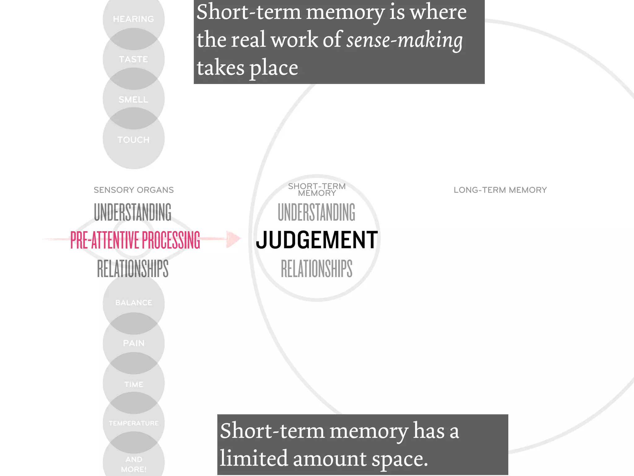 HEARING         Short-term memory is where
                       the real work of sense-making
         TASTE
                       takes place
         SMELL



        TOUCH




    SENSORY ORGANS               SHORT-TERM       LONG-TERM MEMORY
                                   MEMORY

    UNDERSTANDING               UNDERSTANDING
PRE-ATTENTIVE PROCESSING      JUDGEMENT
     RELATIONSHIPS              RELATIONSHIPS
        BALANCE




          PAIN



          TIME




                           Short-term memory has a
       TEMPERATURE




          AND
         MORE!
                           limited amount space.
 