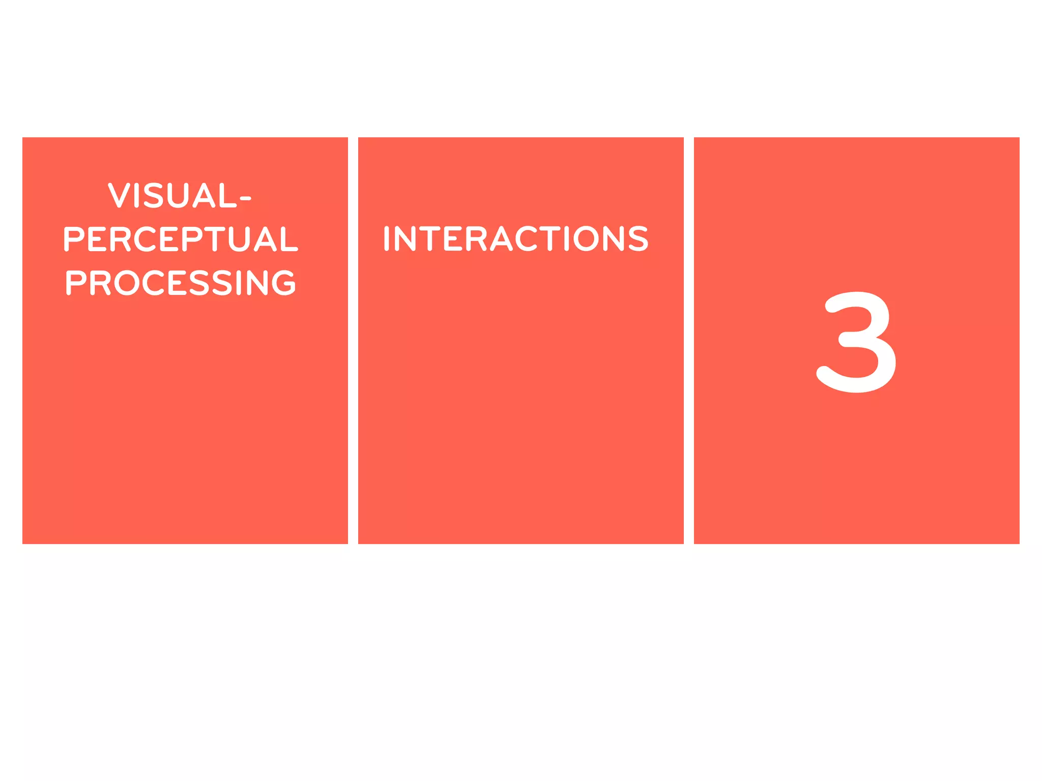 VISUAL-
                              PATTERN
PERCEPTUAL   INTERACTIONS
                            RECOGNITION


                               3
PROCESSING
 
