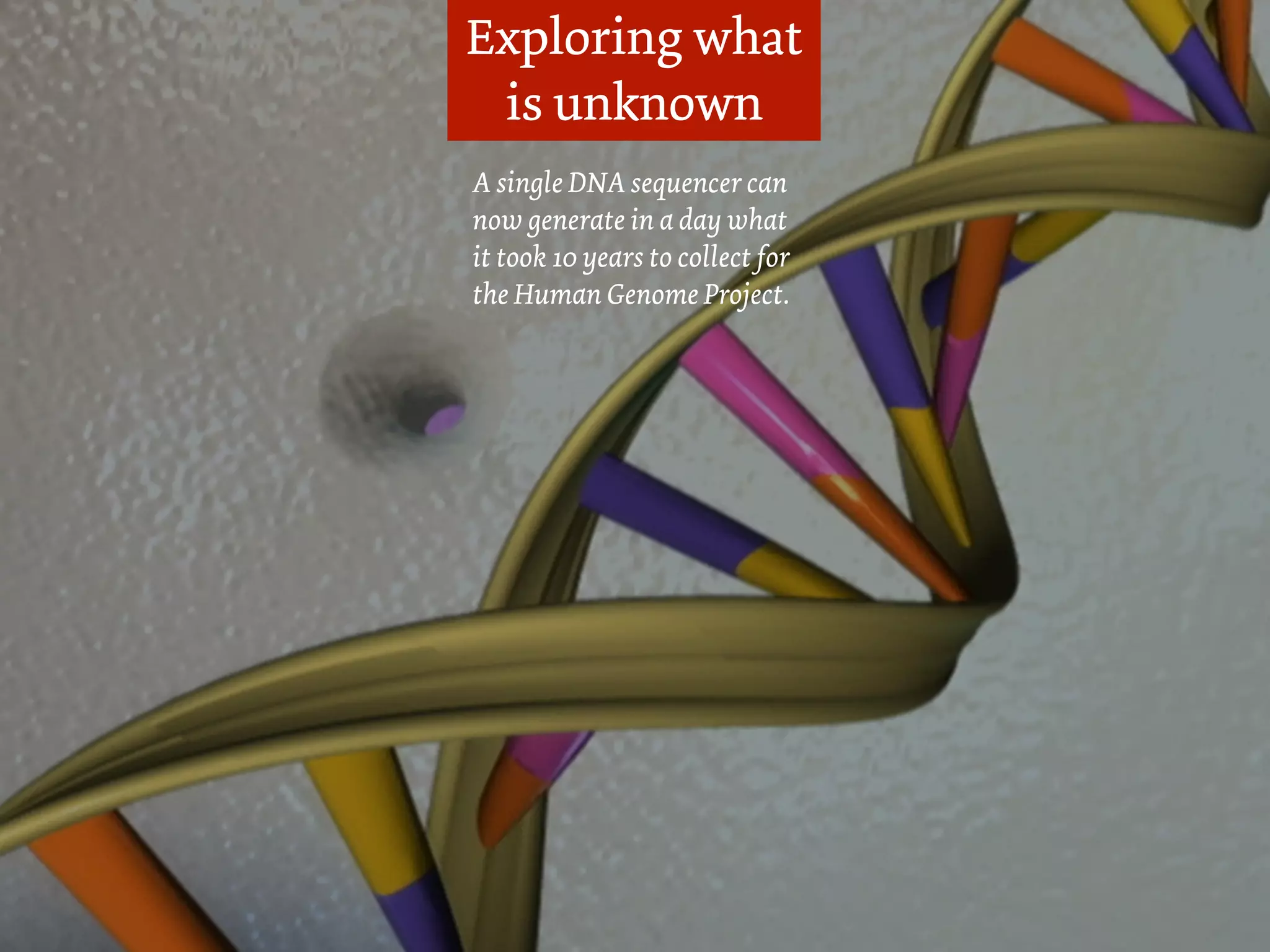 Exploring what
 is unknown
A single DNA sequencer can
now generate in a day what
it took 10 years to collect for
the Human Genome Project.
 