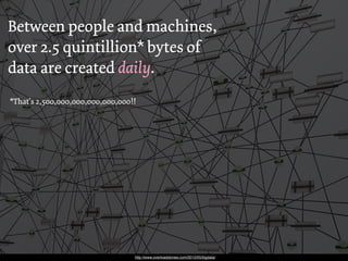 Between people and machines,
over 2.5 quintillion* bytes of
data are created daily.
*That’s 2,500,000,000,000,000,000!!




                                  http://www.overloadstories.com/2012/05/bigdata/
 
