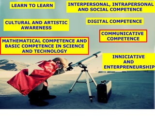 COMMUNICATIVE
COMPETENCE
DIGITAL COMPETENCE
LEARN TO LEARN INTERPERSONAL, INTRAPERSONAL
AND SOCIAL COMPETENCE
INNICIATIVE
AND
ENTERPRENEURSHIP
CULTURAL AND ARTISTIC
AWARENESS
MATHEMATICAL COMPETENCE AND
BASIC COMPETENCE IN SCIENCE
AND TECHNOLOGY
 