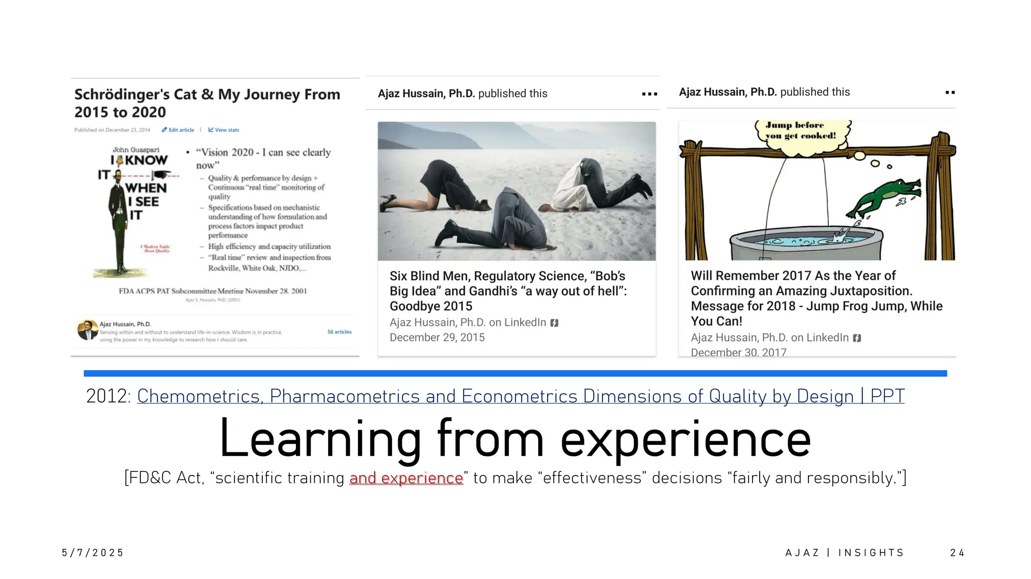 Learning from experience
[FD&C Act, “scientific training and experience” to make “effectiveness” decisions “fairly and responsibly.”]
5 / 7 / 2 0 2 5 A J A Z | I N S I G H T S 2 4
2012: Chemometrics, Pharmacometrics and Econometrics Dimensions of Quality by Design | PPT
 
