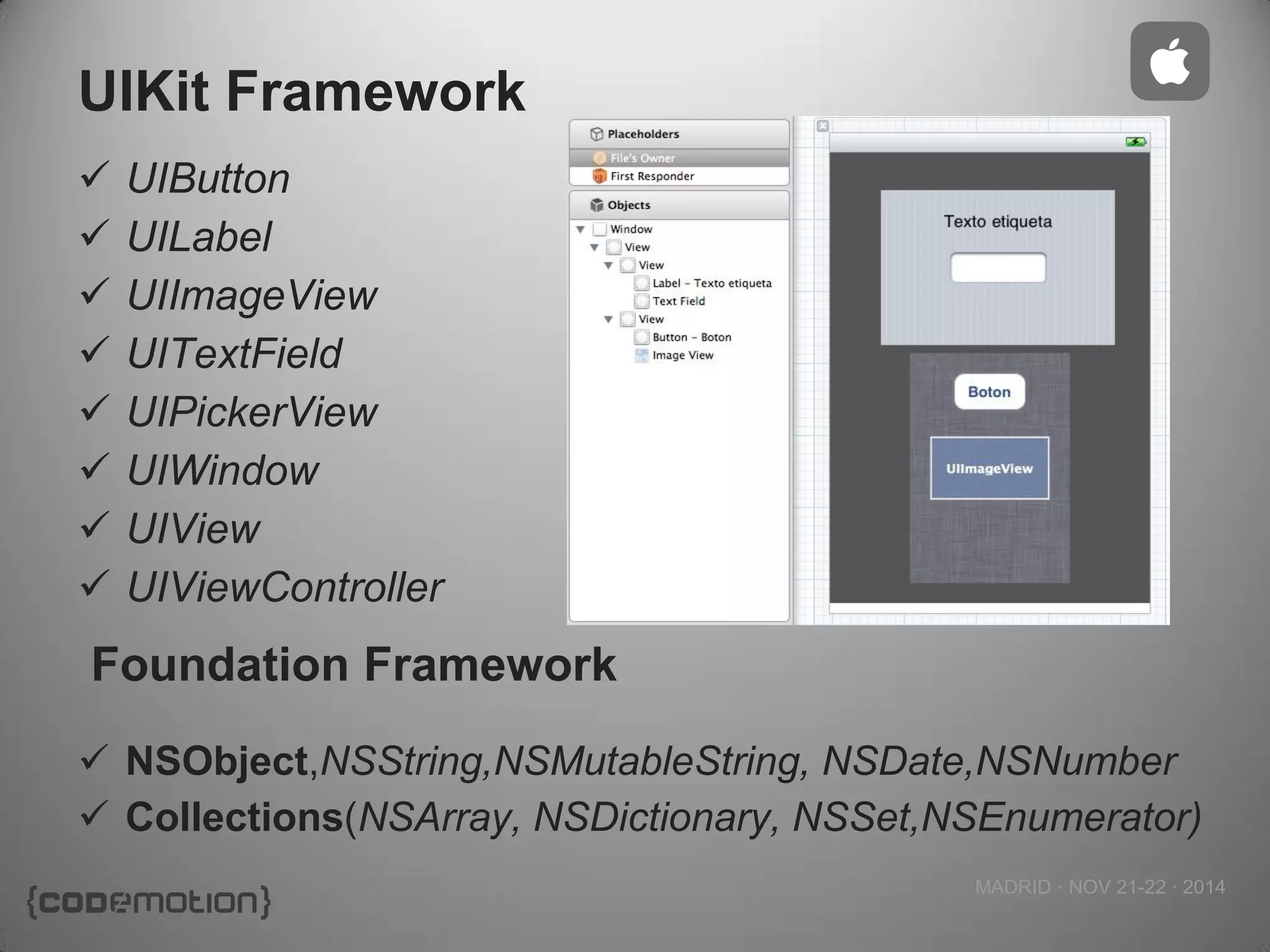 MADRID · NOV 21-22 · 2014 
UIKit Framework 
UIButton 
UILabel 
UIImageView 
UITextField 
UIPickerView 
UIWindow 
UIView 
UIViewController 
NSObject,NSString,NSMutableString, NSDate,NSNumber 
Collections(NSArray, NSDictionary, NSSet,NSEnumerator) 
Foundation Framework  