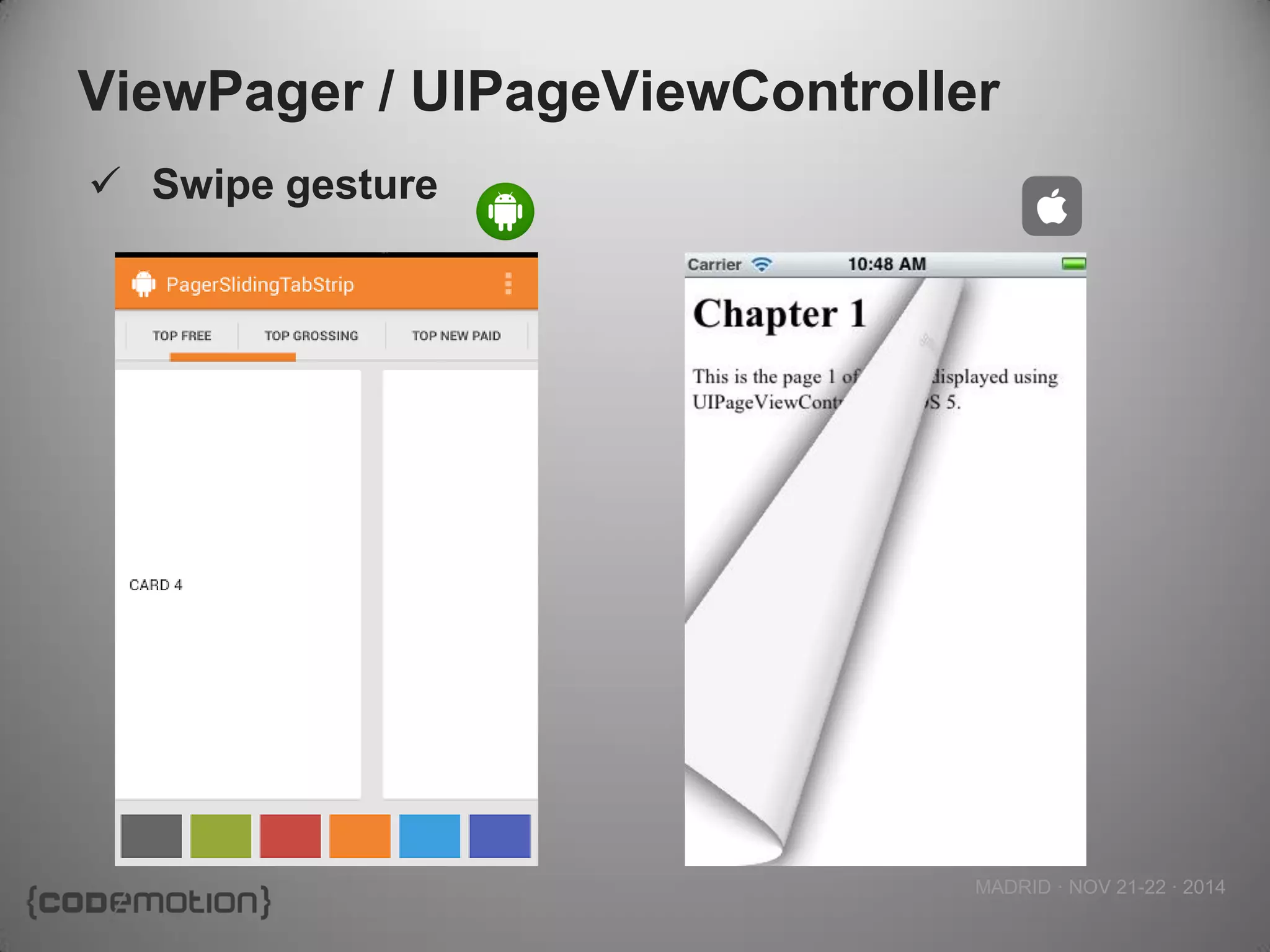 MADRID · NOV 21-22 · 2014 
ViewPager / UIPageViewController 
Swipe gesture  