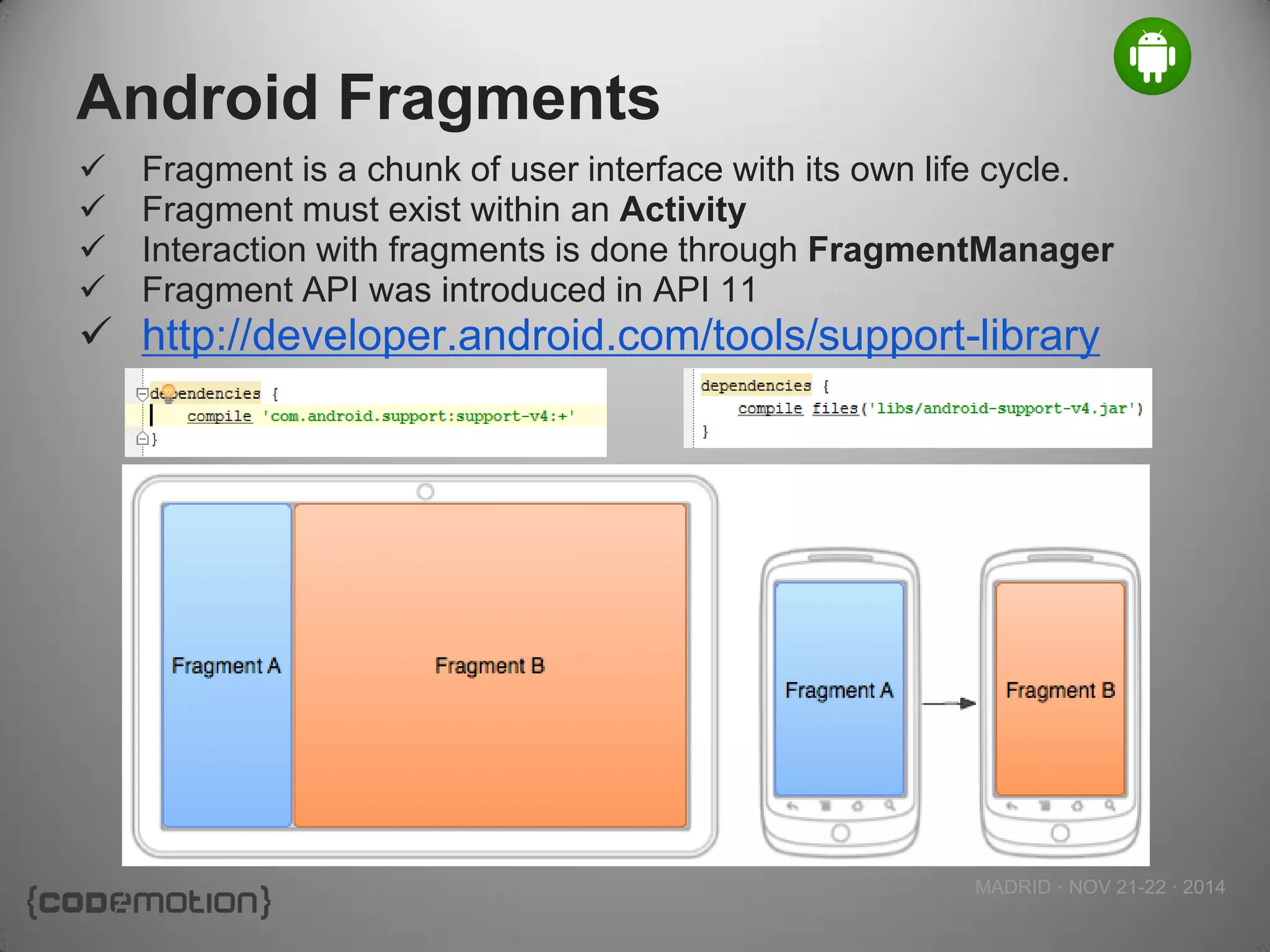 MADRID · NOV 21-22 · 2014 
Android Fragments 
Fragment is a chunk of user interface with its own life cycle. 
Fragment must exist within an Activity 
Interaction with fragments is done through FragmentManager 
Fragment API was introduced in API 11 
http://developer.android.com/tools/support-library  