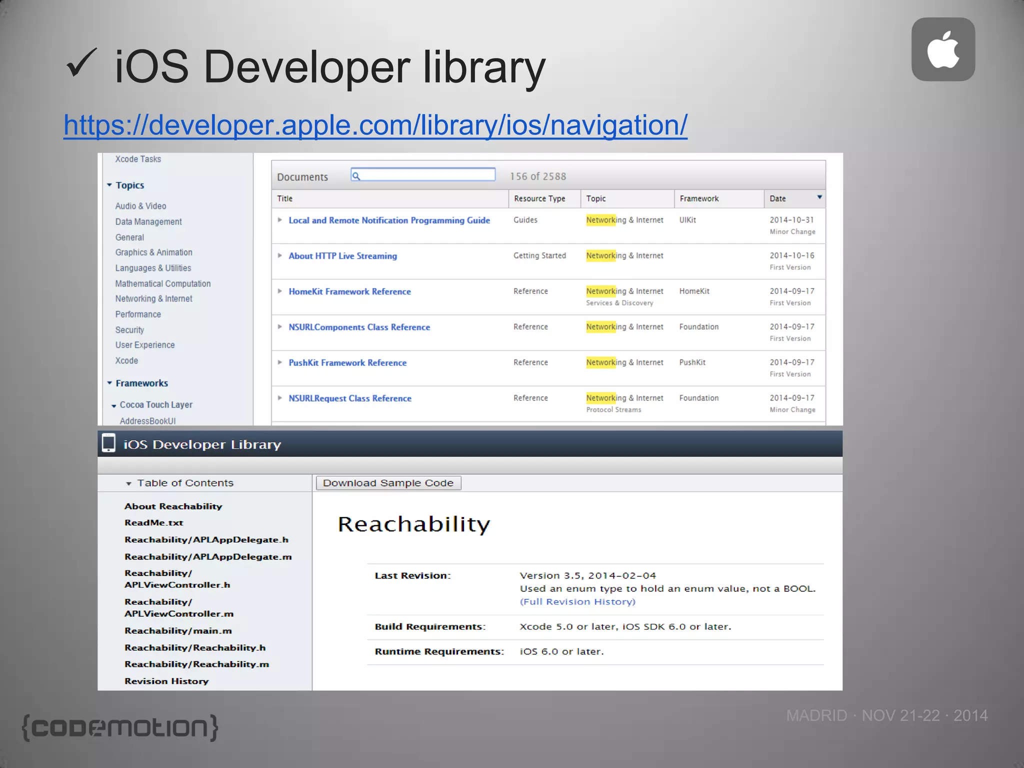 MADRID · NOV 21-22 · 2014 
https://developer.apple.com/library/ios/navigation/ 
iOS Developer library  