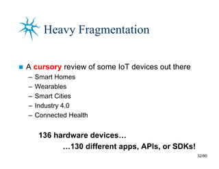 32/80
Heavy Fragmentation
 A cursory review of some IoT devices out there
– Smart Homes
– Wearables
– Smart Cities
– Industry 4.0
– Connected Health
136 hardware devices…
…130 different apps, APIs, or SDKs!
 