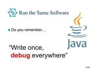 52/80
Run the Same Software
“Write once,
run everywhere”
“Write once,
debug everywhere”
 Do you remember…
 