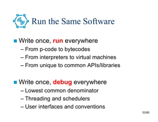 53/80
Run the Same Software
 Write once, run everywhere
– From p-code to bytecodes
– From interpreters to virtual machines
– From unique to common APIs/libraries
 Write once, debug everywhere
– Lowest common denominator
– Threading and schedulers
– User interfaces and conventions
 