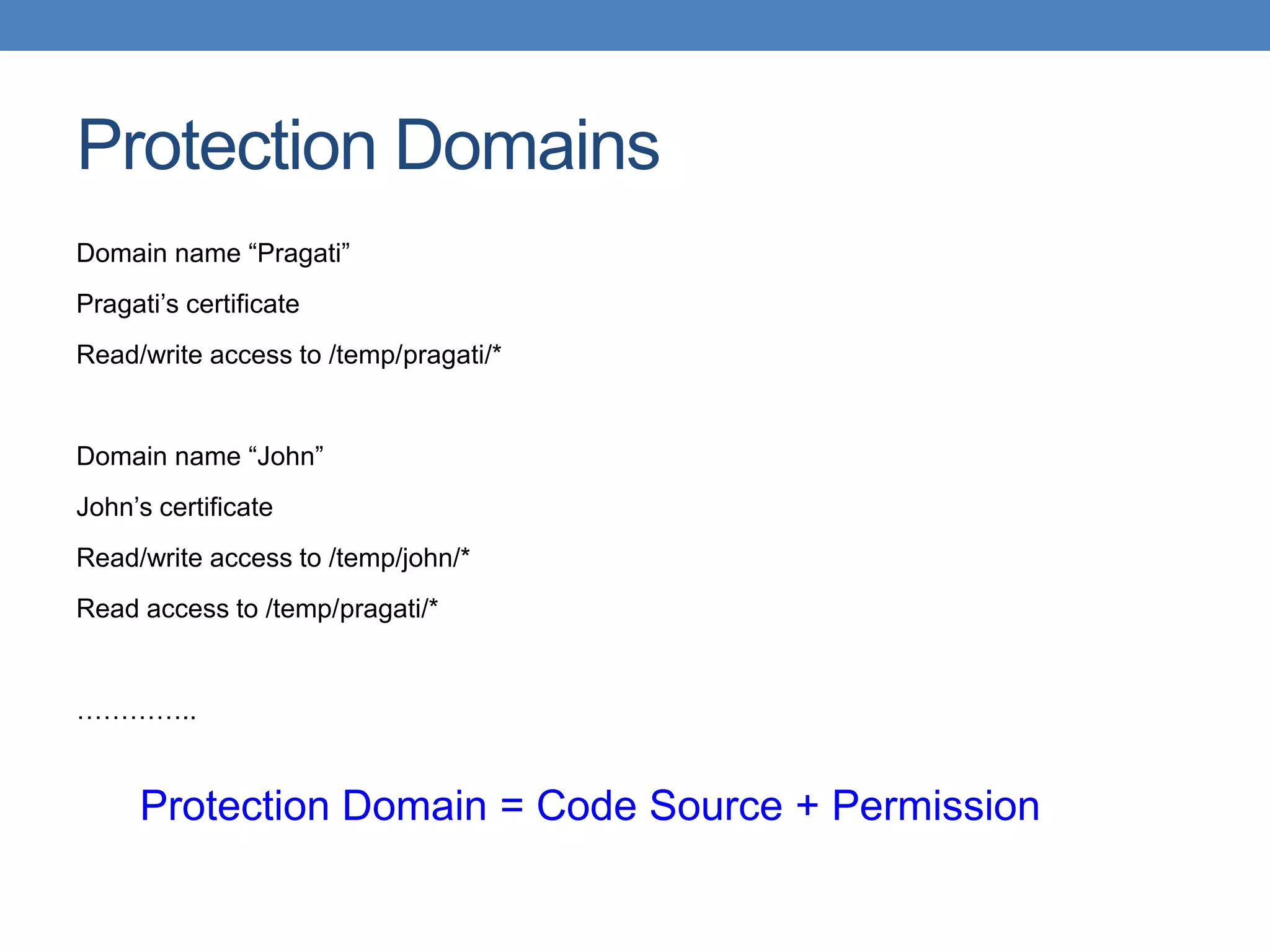 Protection Domains Domain name “Pragati” Pragati’s certificate Read/write access to /temp/pragati/* Domain name “John” John’s certificate Read/write access to /temp/john/* Read access to /temp/pragati/* ………….. Protection Domain = Code Source + Permission 