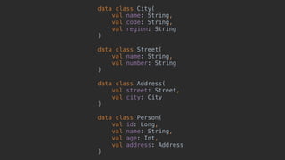 data class City(
val name: String,
val code: String,
val region: String
)endCity
data class Street(
val name: String,end
val number: String
)endStreet
data class Address(
val street: Street,
val city: City
)endAddress
data class Person(
val id: Long,
val name: String,
val age: Int,
val address: Address
)endPerson
 