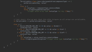}
Serializable::class.java.isAssignableFrom(componentType) -> {
putSerializable(key, value)
}
else -> {
val valueType = componentType.canonicalName
throw IllegalArgumentException(
"Illegal value array type $valueType for key "$key"")
}5
}6
}7
// Last resort. Also we must check this after Array<*> as all arrays are serializable.
is Serializable -> putSerializable(key, value)
else -> {
if (Build.VERSION.SDK_INT >= 18 && value is Binder) {
putBinder(key, value)
} else if (Build.VERSION.SDK_INT >= 21 && value is Size) {
putSize(key, value)
} else if (Build.VERSION.SDK_INT >= 21 && value is SizeF) {
putSizeF(key, value)
} else {
val valueType = value.javaClass.canonicalName
throw IllegalArgumentException("Illegal value type $valueType for key "$key"")
}1
}2
}3
}4
}5
 