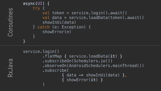 service.login()
.flatMap { service.loadData(it) }
.subscribeOn(Schedulers.io())
.observeOn(AndroidSchedulers.mainThread())
.subscribe(
{ data -> showInUi(data) },
{ showError(it) }
)end
RxJavaCoroutines
async(UI) {
try {
val token = service.login().await()
val data = service.loadData(token).await()
showInUi(data)
} catch (e: Exception) {
showError(e)
}__
}___
 