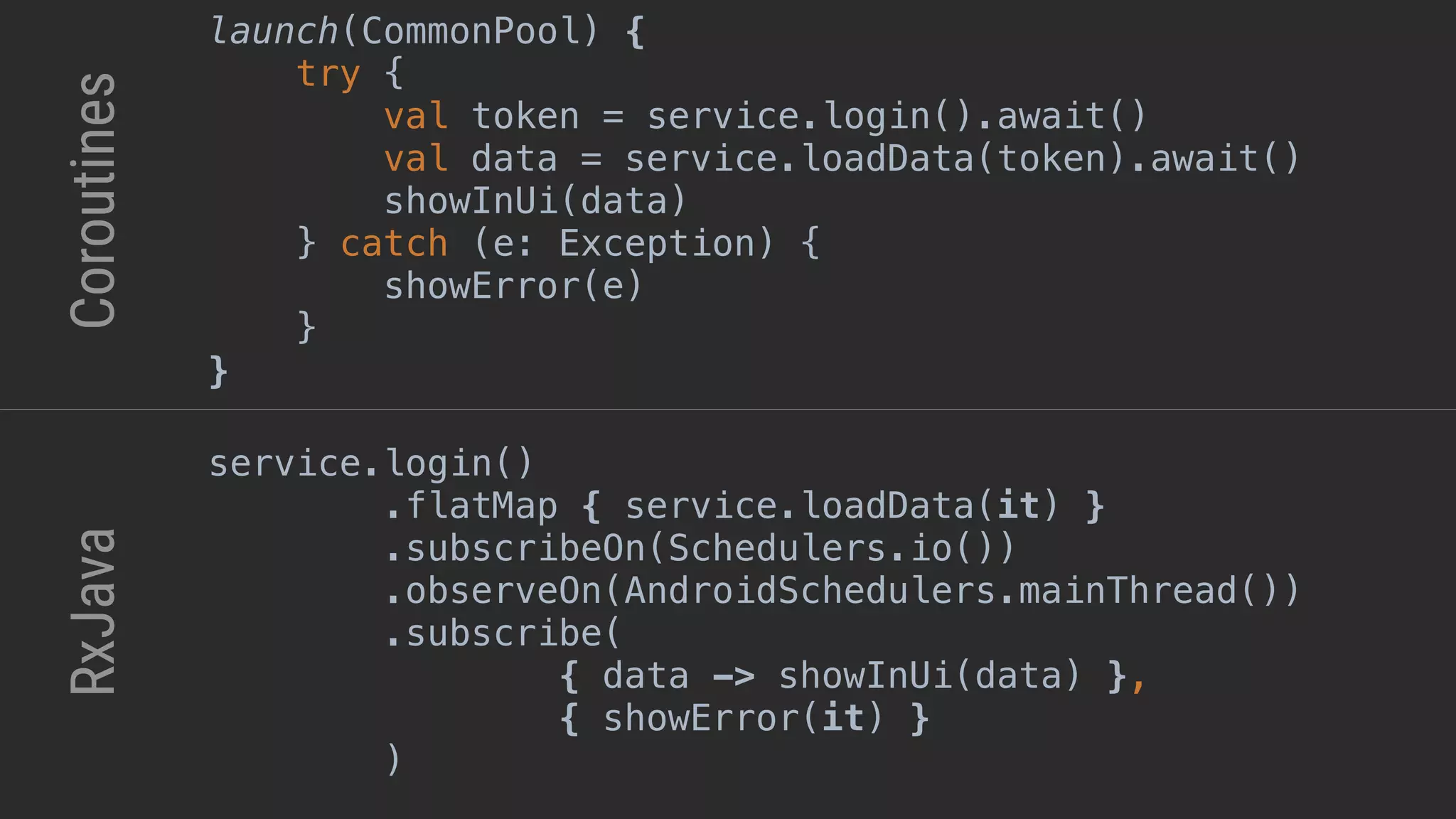 service.login() .flatMap { service.loadData(it) } .subscribeOn(Schedulers.io()) .observeOn(AndroidSchedulers.mainThread()) .subscribe( { data -> showInUi(data) }, { showError(it) } )end RxJavaCoroutines launch(CommonPool) { try { val token = service.login().await() val data = service.loadData(token).await() showInUi(data) } catch (e: Exception) { showError(e) }__ }___ 