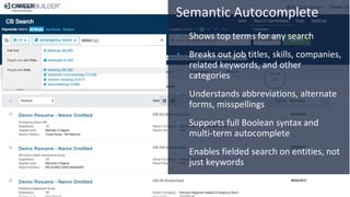 Semantic Autocomplete
• Shows top terms for any search
• Breaks out job titles, skills, companies,
related keywords, and o...