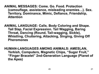 45 21
ANIMAL MESSAGES: Come. Go. Food. Protection
(camouflage, assistance, misleading enemies…). Sex.
Territory, Dominance, Mimic, Defiance, Friendship,
Attention
ANIMAL LANGUAGE: Calls. Body Coloring and Shape.
Tail Slap, Facial Expression. Tail Wagging, Baring
Throat, Dancing (Round, Tail-wagging, Sickle),
Whistling, Chuttering, Attacking, Singing, Giving Off
Pheromones
HUMAN-LANGUAGES AMONG ANIMALS: AMESLAN,
Yerkish, Computers, Magnetic Chips, “Sugar Fruit,”
“Finger Bracelet” 2nd-Generation Language (Planet of
the Apes)
 