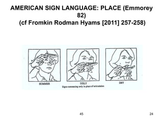 45 24
AMERICAN SIGN LANGUAGE: PLACE (Emmorey
82)
(cf Fromkin Rodman Hyams [2011] 257-258)
 