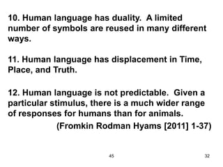 45 32
10. Human language has duality. A limited
number of symbols are reused in many different
ways.
11. Human language has displacement in Time,
Place, and Truth.
12. Human language is not predictable. Given a
particular stimulus, there is a much wider range
of responses for humans than for animals.
(Fromkin Rodman Hyams [2011] 1-37)
 