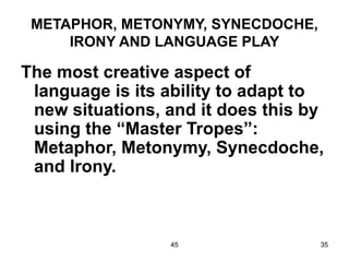 45 35
METAPHOR, METONYMY, SYNECDOCHE,
IRONY AND LANGUAGE PLAY
The most creative aspect of
language is its ability to adapt to
new situations, and it does this by
using the “Master Tropes”:
Metaphor, Metonymy, Synecdoche,
and Irony.
 