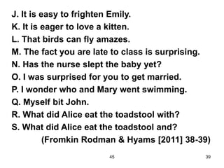 45 39
J. It is easy to frighten Emily.
K. It is eager to love a kitten.
L. That birds can fly amazes.
M. The fact you are late to class is surprising.
N. Has the nurse slept the baby yet?
O. I was surprised for you to get married.
P. I wonder who and Mary went swimming.
Q. Myself bit John.
R. What did Alice eat the toadstool with?
S. What did Alice eat the toadstool and?
(Fromkin Rodman & Hyams [2011] 38-39)
 
