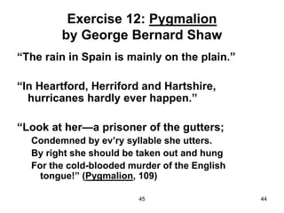 45 44
Exercise 12: Pygmalion
by George Bernard Shaw
“The rain in Spain is mainly on the plain.”
“In Heartford, Herriford and Hartshire,
hurricanes hardly ever happen.”
“Look at her—a prisoner of the gutters;
Condemned by ev’ry syllable she utters.
By right she should be taken out and hung
For the cold-blooded murder of the English
tongue!” (Pygmalion, 109)
 