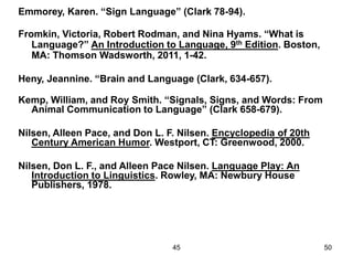 45 50
Emmorey, Karen. “Sign Language” (Clark 78-94).
Fromkin, Victoria, Robert Rodman, and Nina Hyams. “What is
Language?” An Introduction to Language, 9th Edition. Boston,
MA: Thomson Wadsworth, 2011, 1-42.
Heny, Jeannine. “Brain and Language (Clark, 634-657).
Kemp, William, and Roy Smith. “Signals, Signs, and Words: From
Animal Communication to Language” (Clark 658-679).
Nilsen, Alleen Pace, and Don L. F. Nilsen. Encyclopedia of 20th
Century American Humor. Westport, CT: Greenwood, 2000.
Nilsen, Don L. F., and Alleen Pace Nilsen. Language Play: An
Introduction to Linguistics. Rowley, MA: Newbury House
Publishers, 1978.
 