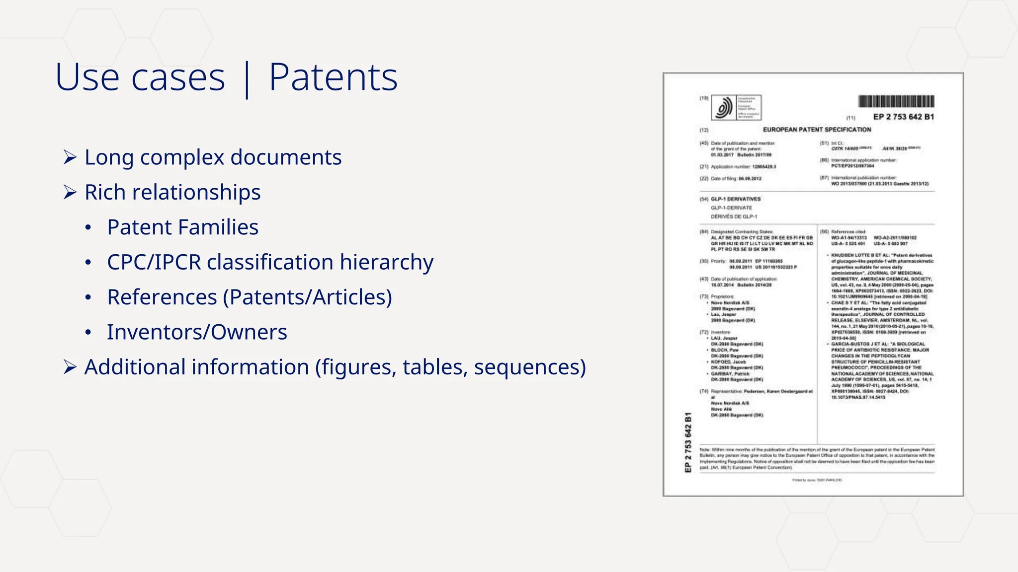 Novo Nordisk®
Use cases | Patents
 Long complex documents
 Rich relationships
• Patent Families
• CPC/IPCR classification hierarchy
• References (Patents/Articles)
• Inventors/Owners
 Additional information (figures, tables, sequences)
 