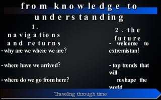 from knowledge to understanding 1. navigations and returns 2. the future - why are we where we are? - where have we arrived? - where do we go from here? - welcome to extremistan! - top trends that will    reshape the world Traveling through time 