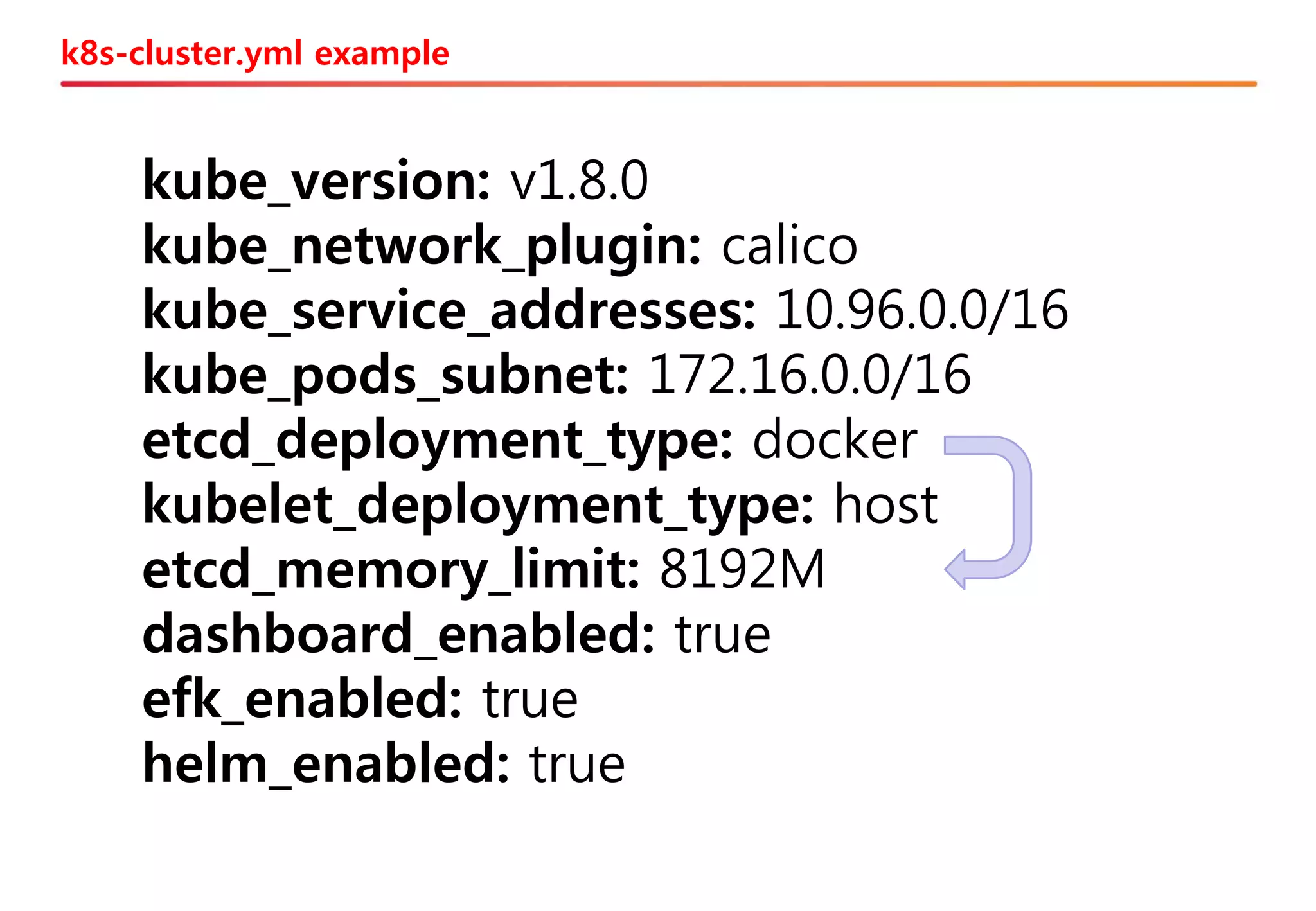 k8s-cluster.yml example
kube_version: v1.8.0
kube_network_plugin: calico
kube_service_addresses: 10.96.0.0/16
kube_pods_subnet: 172.16.0.0/16
etcd_deployment_type: docker
kubelet_deployment_type: host
etcd_memory_limit: 8192M
dashboard_enabled: true
efk_enabled: true
helm_enabled: true
 
