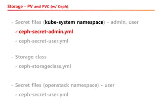 Storage - PV and PVC (w/ Ceph)
• Secret files (openstack namespace) - user
✓ ceph-secret-user.yml
• Storage class
✓ ceph-storageclass.yml
• Secret files (kube-system namespace) - admin, user
✓ ceph-secret-admin.yml
✓ ceph-secret-user.yml
 