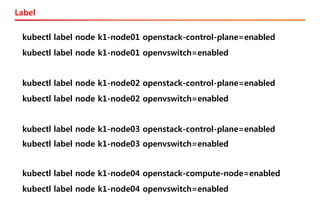 Label
kubectl label node k1-node01 openstack-control-plane=enabled
kubectl label node k1-node01 openvswitch=enabled
kubectl label node k1-node02 openstack-control-plane=enabled
kubectl label node k1-node02 openvswitch=enabled
kubectl label node k1-node03 openstack-control-plane=enabled
kubectl label node k1-node03 openvswitch=enabled
kubectl label node k1-node04 openstack-compute-node=enabled
kubectl label node k1-node04 openvswitch=enabled
 