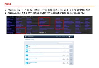 Kolla
● OpenStack project 로 OpenStack service 들의 docker image 를 생성 및 관리하는 Tool
● OpenStack 서비스들 뿐만 아니라 다양한 관련 application들의 docker image 제공
 