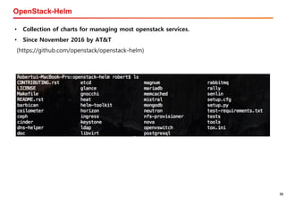 35
OpenStack-Helm
• Collection of charts for managing most openstack services.
• Since November 2016 by AT&T
(https://github.com/openstack/openstack-helm)
 