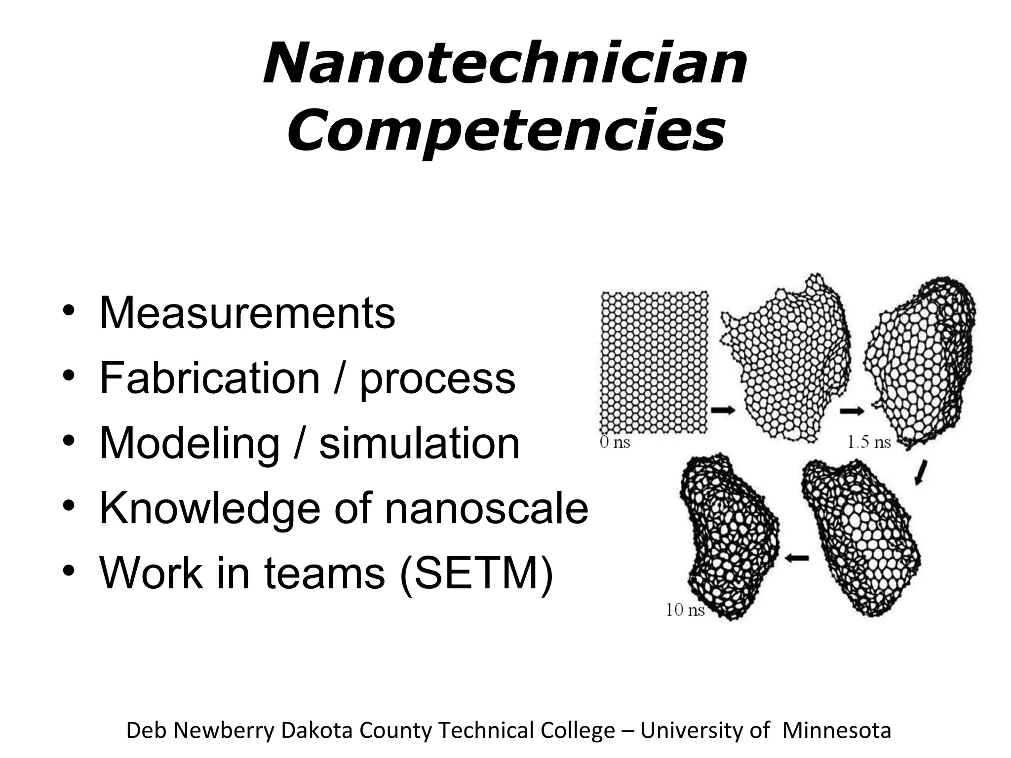 Nanotechnician
                 Competencies


•   Measurements
•   Fabrication / process
•   Modeling / simulation
•   Knowledge of nanoscale
•   Work in teams (SETM)


     Deb Newberry Dakota County Technical College – University of Minnesota
 
