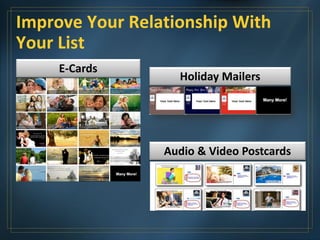 Improve Your Relationship With
Your List
Holiday Mailers
E-Cards
Audio & Video Postcards
 